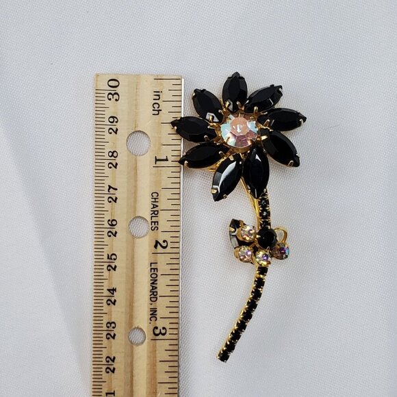 Juliana D&E Brooch Jet Black AB Flower Vintage Delizza Elster Designer Jewelry - Picture 5 of 16